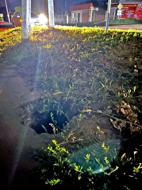 Были проездом в Богучаре, ночью шли около музея, где знак "ЗАЛИМАН", на тротуаре возле люка дыра, муж шел с 8..