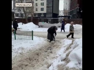 В Тимирязевском районе пенсионерка расчищает снег, а молодые лбы стоят и это..