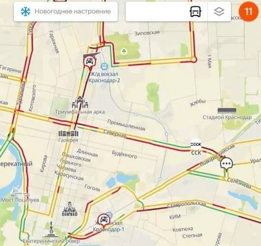 Такое может быть только в Краснодаре. Сервис 2ГИС показал пробки 11 баллов. При Яндекс показывал 9..