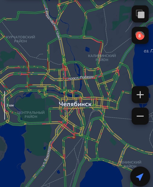 Сегодня даже днем Челябинск стоит в пробках. На дорогах — 8 баллов. Что же будет вечером? 

Скрин: Яндекс..