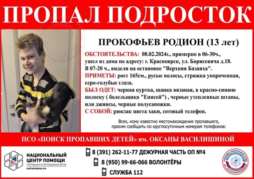 13-летний подросток пропал в Красноярске

Родион ушел из дома на улице Борисевича, 18 утром 8 февраля и не..