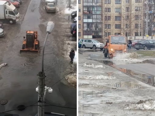 В Петербурге снег пролежал всю зиму и растаял. Теперь коммунальщики убирают оставшуюся от него воду, чтобы..