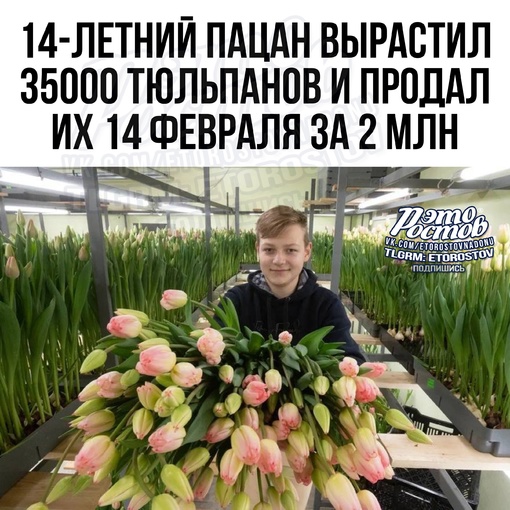 🌷 14-летний пацан вырастил 35 тысяч тюльпанов в гараже своего бати и продал их 14 февраля за 2 миллиона рублей...