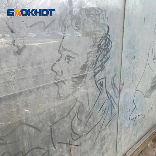 В Волгограде неизвестный художник нарисовал портрет Александра Пушкина на стекле остановки «Завод имени..