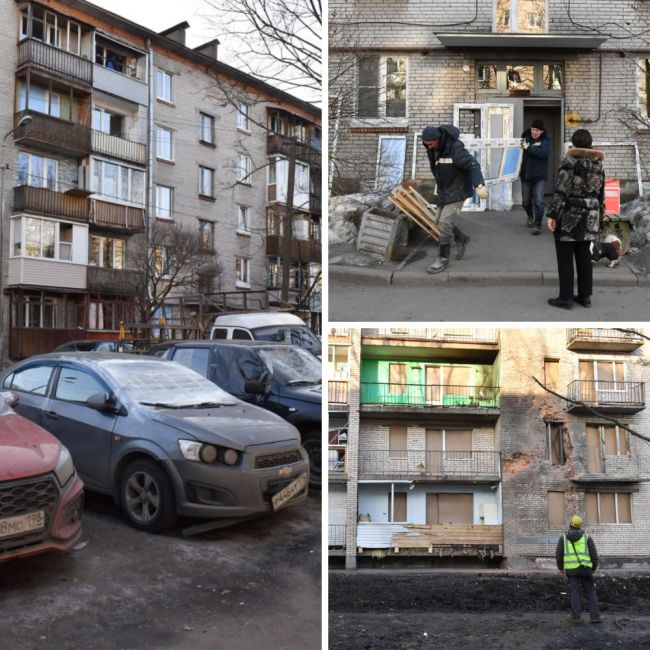 Обстановка в пятиэтажках на Пискарёвском проспекте, куда 2 марта прилетел беспилотник. 

Рабочие меняют..