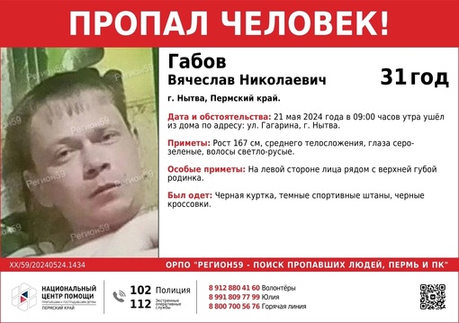 ‼️ВНИМАНИЕ, УСТАНАВЛИВАЕТСЯ МЕСТОНАХОЖДЕНИЕ ГАБОВА ВЯЧЕСЛАВА НИКОЛАЕВИЧА, 31 год, г. Нытва, Пермский край..