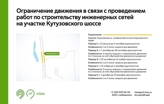 С 12 августа до 29 декабря ограничат движение на Кутузовском шоссе. 

Причина — строительство инженерных..