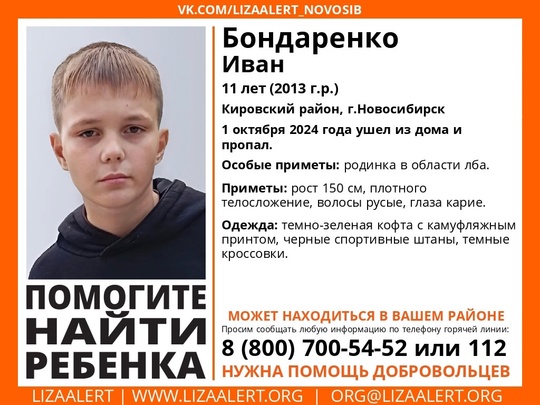 Внимание! Помогите найти ребенка!

Пропал #Бондаренко Иван, 11 лет, Кировский район, г.Новосибирск.
1 октября 2024..