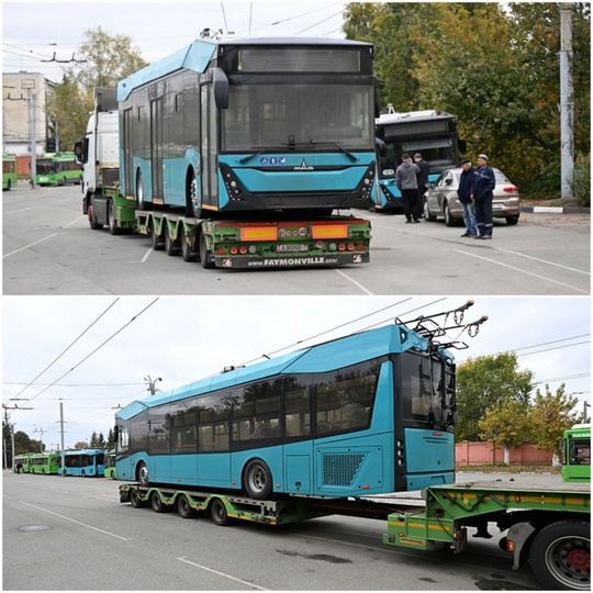 В Казань доставили 3 новых троллейбуса последнего поколения МАЗ-303Т22. Их привезли на специальных автовозах..