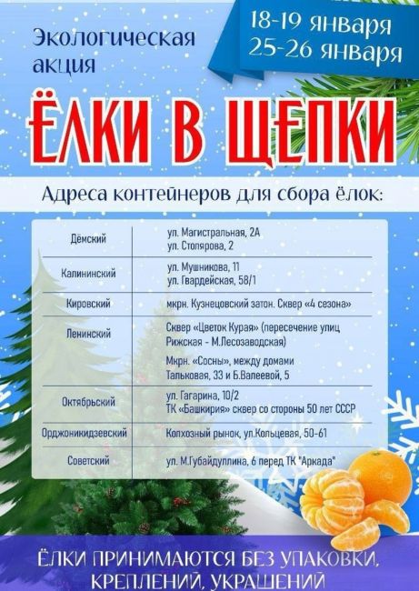 🎄В Уфе пройдет ежегодная экологическая акция «Ёлки в щепки» 
 
Прием хвойных деревьев будет организован 18,..